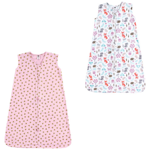 Hudson Baby Cotton Sleeveless Wearable Sleeping Bag, Sack, Blanket, Gold Hearts Woodland Fox 2-Pack