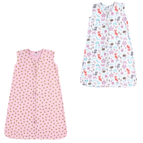 Hudson Baby Cotton Sleeveless Wearable Sleeping Bag, Sack, Blanket, Gold Hearts Woodland Fox 2-Pack