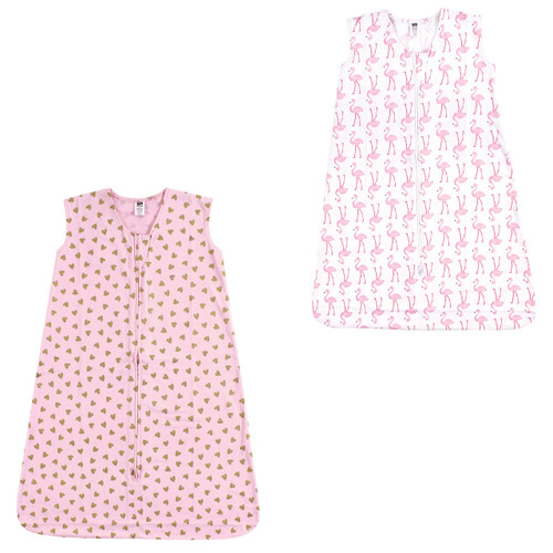 Hudson Baby Safe Sleep Wearable Jersey Sleeping Bag/Blanket 2-Pack, Gold Hearts and Flamingo