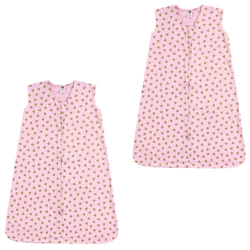Hudson Baby Cotton Sleeveless Wearable Sleeping Bag, Sack, Blanket, Gold Hearts 2-Pack