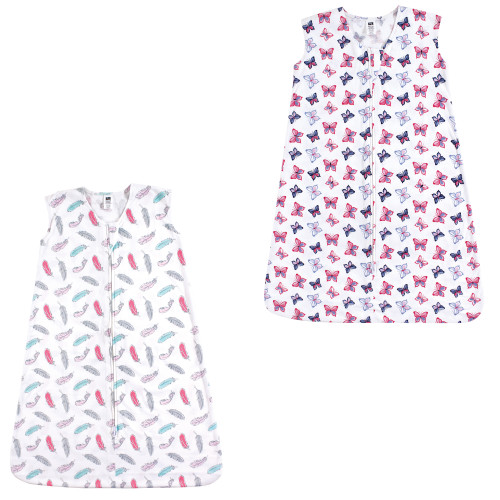 Hudson Baby Cotton Sleeveless Wearable Sleeping Bag, Sack, Blanket, Feathers Butterflies 2-Pack