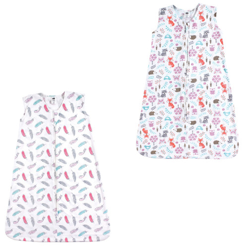 Hudson Baby Cotton Sleeveless Wearable Sleeping Bag, Sack, Blanket, Feathers Woodland Fox 2-Pack