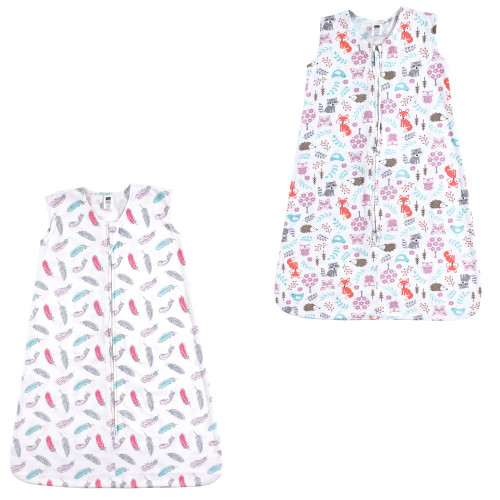 Hudson Baby Cotton Sleeveless Wearable Sleeping Bag, Sack, Blanket, Feathers Woodland Fox 2-Pack