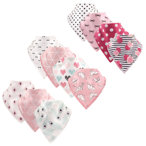 Hudson Baby Pleated Bandana Bibs with Fleece Backing, 11-Pack, Peacock Feathers, Bows, and Birds