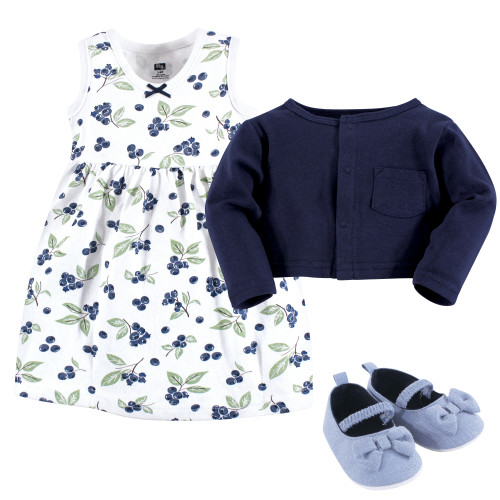Hudson Baby Cotton Dress, Cardigan and Shoe Set, Blueberries
