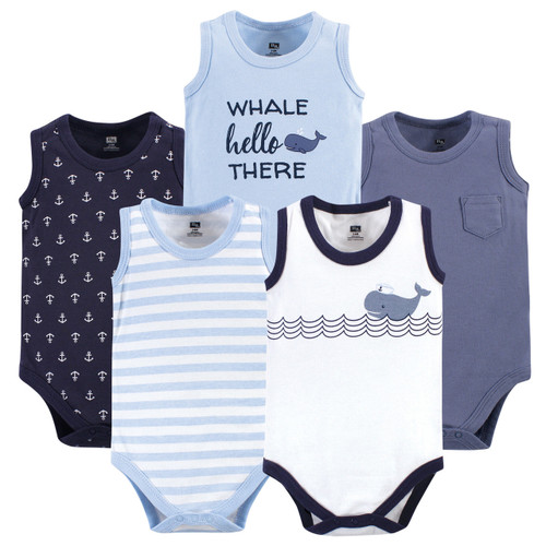 Hudson Baby Boy Sleeveless Bodysuits, 5-Pack, Sailor Whale