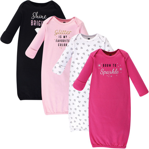 Hudson Baby Girl Cotton Gowns, Sparkle, 4-Pack, 0-6 Months