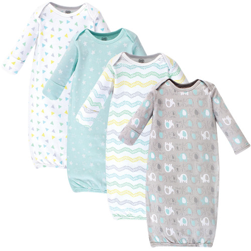 Luvable Friends Boy and Girl Cotton Gowns, Basic Elephant, 4-Pack, 0-6 Months