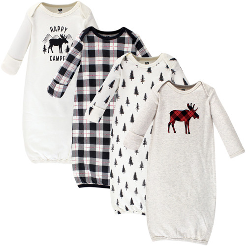 Hudson Baby Boy and Girl Cotton Gowns, Moose, 4-Pack, 0-6 Months