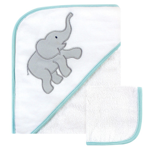 Luvable Friends Boy and Girl Hooded Towel and Washcloth Set, Gray Elephant