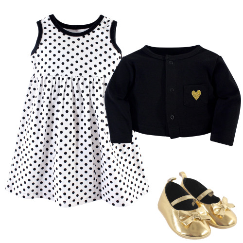 Hudson Baby Cotton Dress, Cardigan and Shoe Set, Black Dot