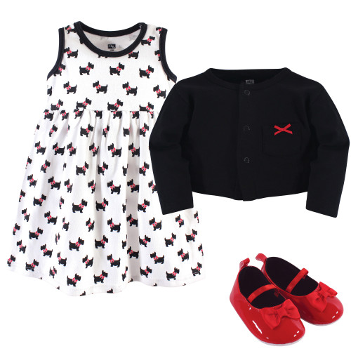 Hudson Baby Cotton Dress, Cardigan and Shoe Set, Scottie Dog