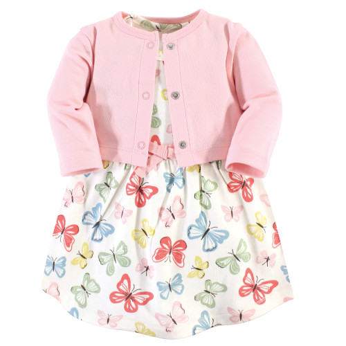 Touched By Nature Girl Toddler Organic Cotton Dress and Cardigan Set, Butterflies