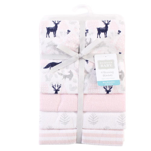 Hudson Baby Cotton Flannel Receiving Blankets, Linocut Woodland Girl