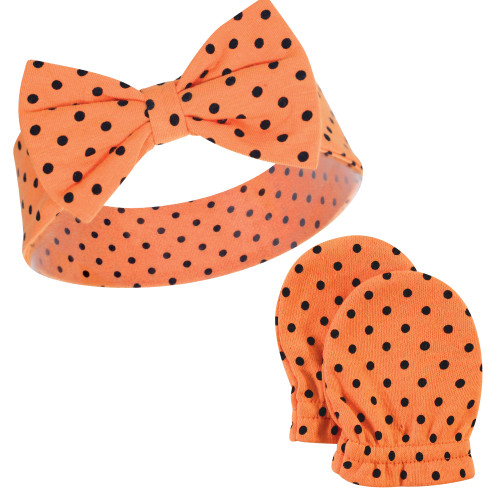 Hudson Baby Cotton Headband and Scratch Mitten Set, Halloween Dots