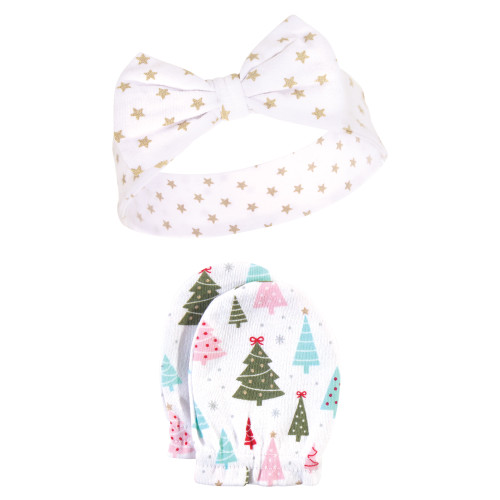 Hudson Baby Cotton Headband and Scratch Mitten Set, Sparkle Trees