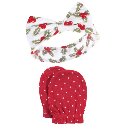 Hudson Baby Cotton Headband and Scratch Mitten Set, Holly