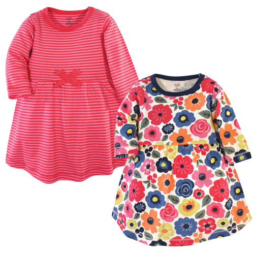 Touched By Nature Girl Toddler Long Sleeve Organic Dress 2-Pack, Bright Flowers