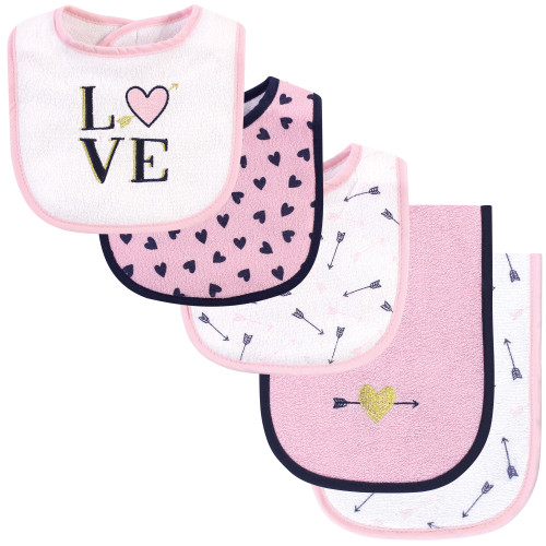 Hudson Baby Girl Bib and Burp Cloth Set 5-Piece, Love, One Size