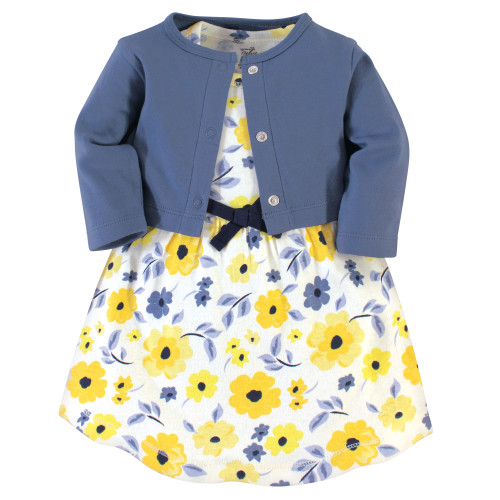 Touched By Nature Girl Toddler Organic Cotton Dress and Cardigan, Yellow Garden