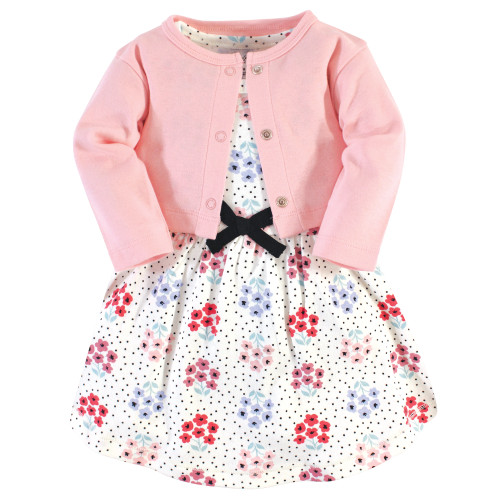 Touched By Nature Girl Toddler Organic Cotton Dress and Cardigan, Floral Dot