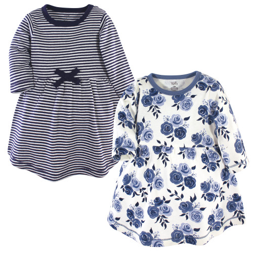 Touched By Nature Girl Long Sleeve Organic Dress 2-Pack, Navy Floral