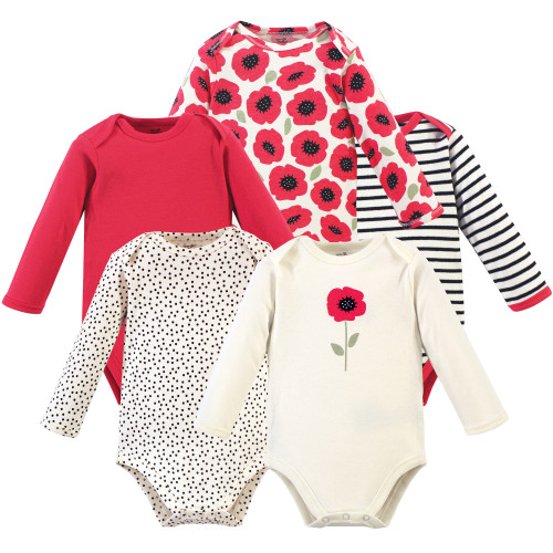 Touched By Nature Girl Organic Cotton Bodysuits, Poppy Long Sleeve 5-Pack
