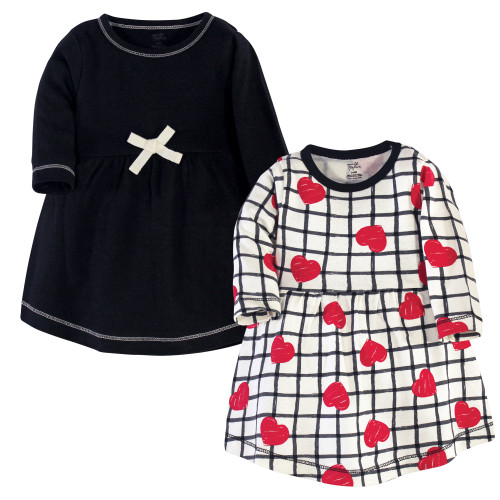 Touched By Nature Girl Organic Cotton Dresses, Black and Red Heart Long Sleeve 2-Pack