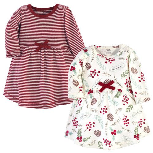 Touched By Nature Girl Toddler Organic Cotton Dresses, Holly Berry Long Sleeve 2-Pack