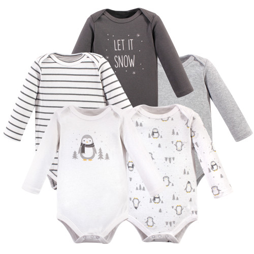 Hudson Baby Cotton Long-Sleeve Bodysuits 5-Pack, Gray Penguin