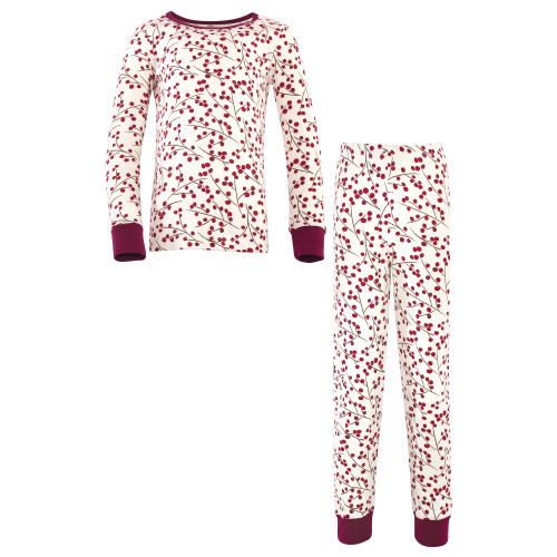 Touched By Nature Girl Tight Fit Long Sleeve Top and Pant Pajama Set, Berry Branch