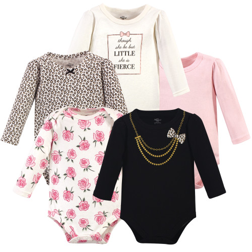 Little Treasure Girl Long Sleeve Bodysuits 5pk, Leopard Necklace