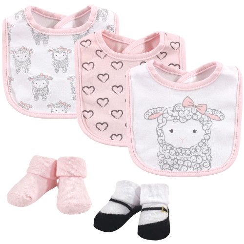 Hudson Baby Girl Bib and Sock 5pc Set, Little Lamb, 0-9 Months