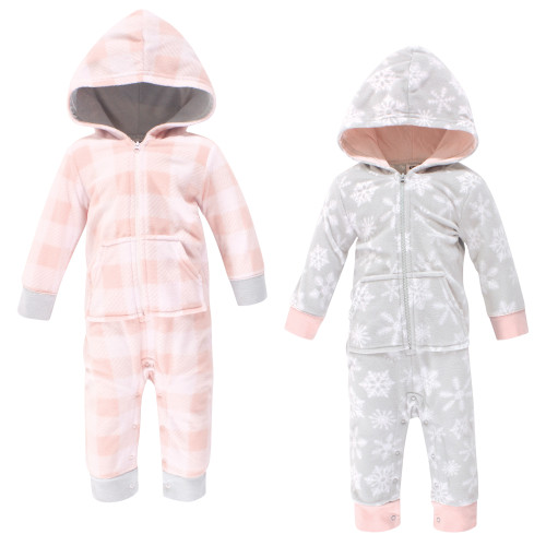 Hudson Baby Girl Fleece Jumpsuits 2-Pack, Gray/Pink Snowflake