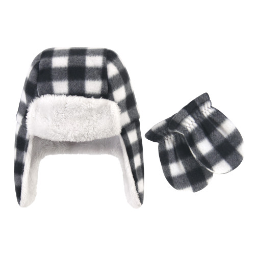 Hudson Baby Boy and Girl Trapper Hat and Mitten Set, Black/White Plaid