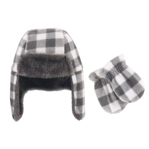 Hudson Baby Boy and Girl Trapper Hat and Mitten Set, Charcoal/White Plaid