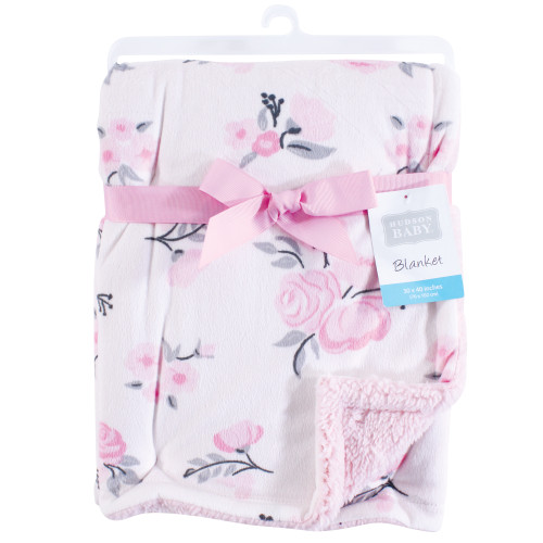 Hudson Baby Plush Mink and Sherpa Blanket, Pink Floral