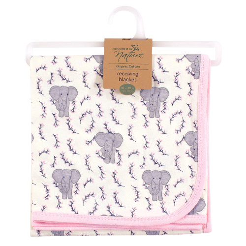 Touched by Nature Organic Cotton Swaddle, Receiving and Multi-purpose Blanket, Pink Elephant