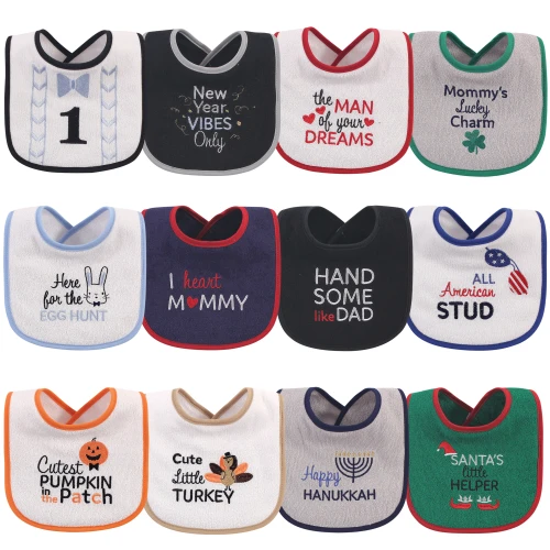 Hudson Baby Cotton Terry Drooler Bibs with Fiber Filling, Holiday Boy Bow Tie