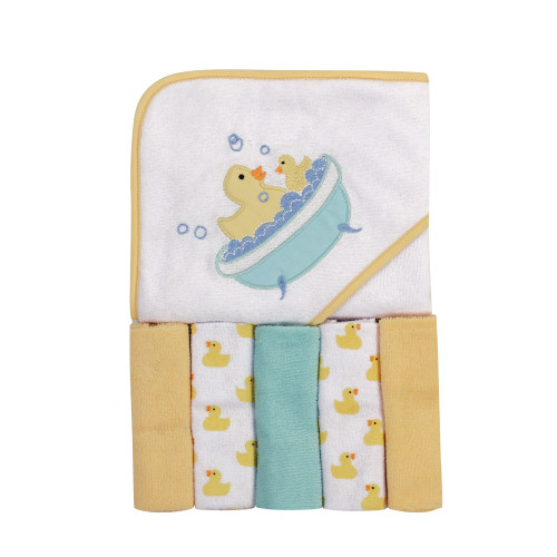 Luvable Friends Hooded Towel and 5 Washcloths, Bathtime Duck, One Size