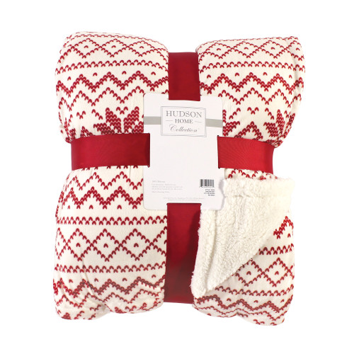 Hudson Home Collection Mink Blanket with Sherpa, Red Fair Isle