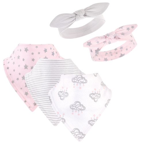 Hudson Baby 5pc Bib and Headband Set, Cloud Mobile Pink, One Size