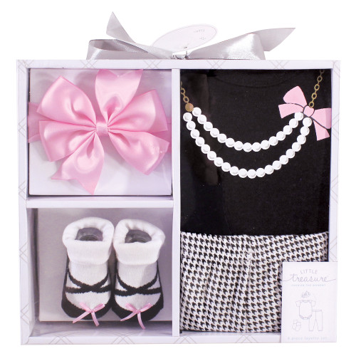 Little Treasure Boxed Gift Set 4-Piece, Black/Pink Pearls, 0-6 Months