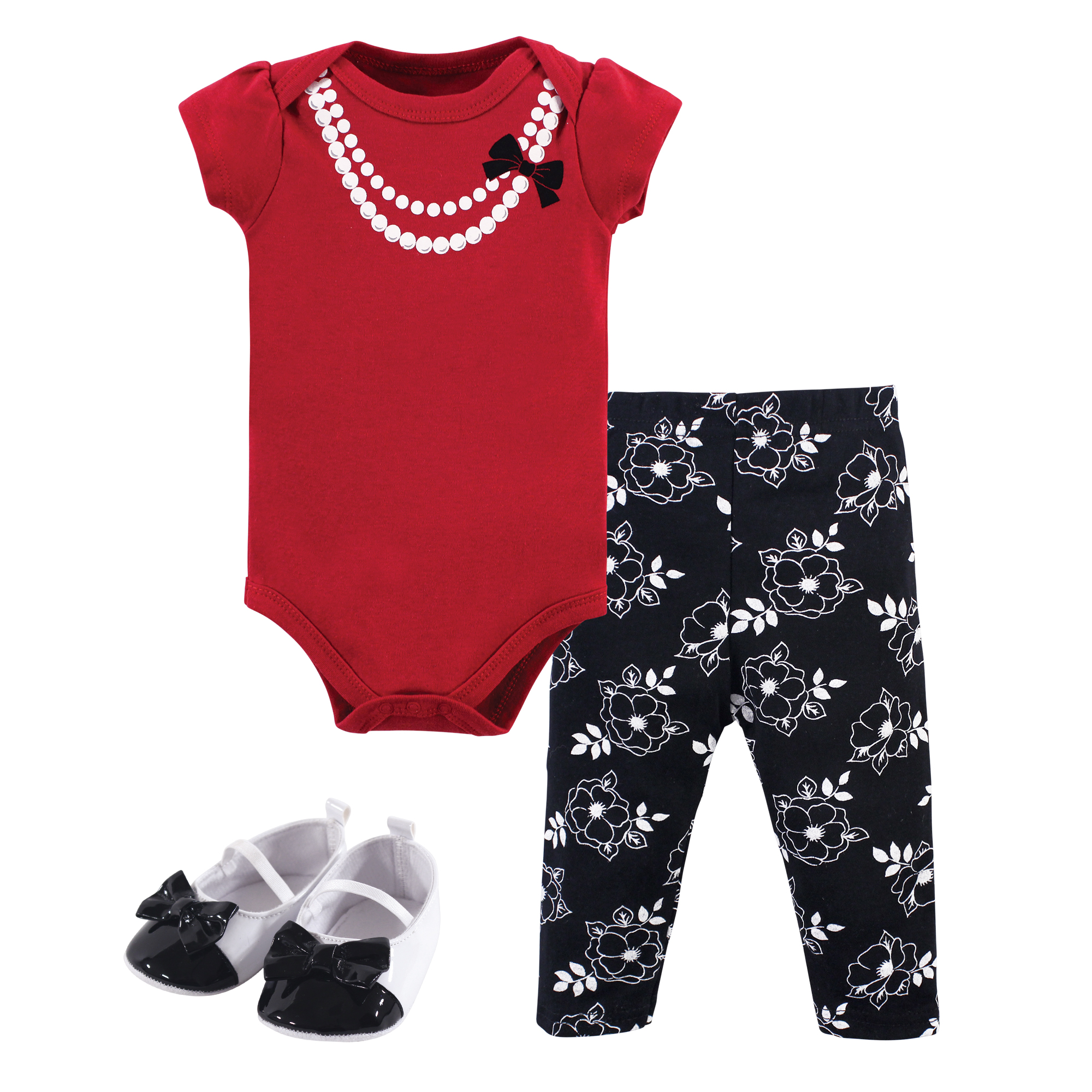 Little Treasure Cotton Bodysuit, Pant and Shoe Set, Red Pearls