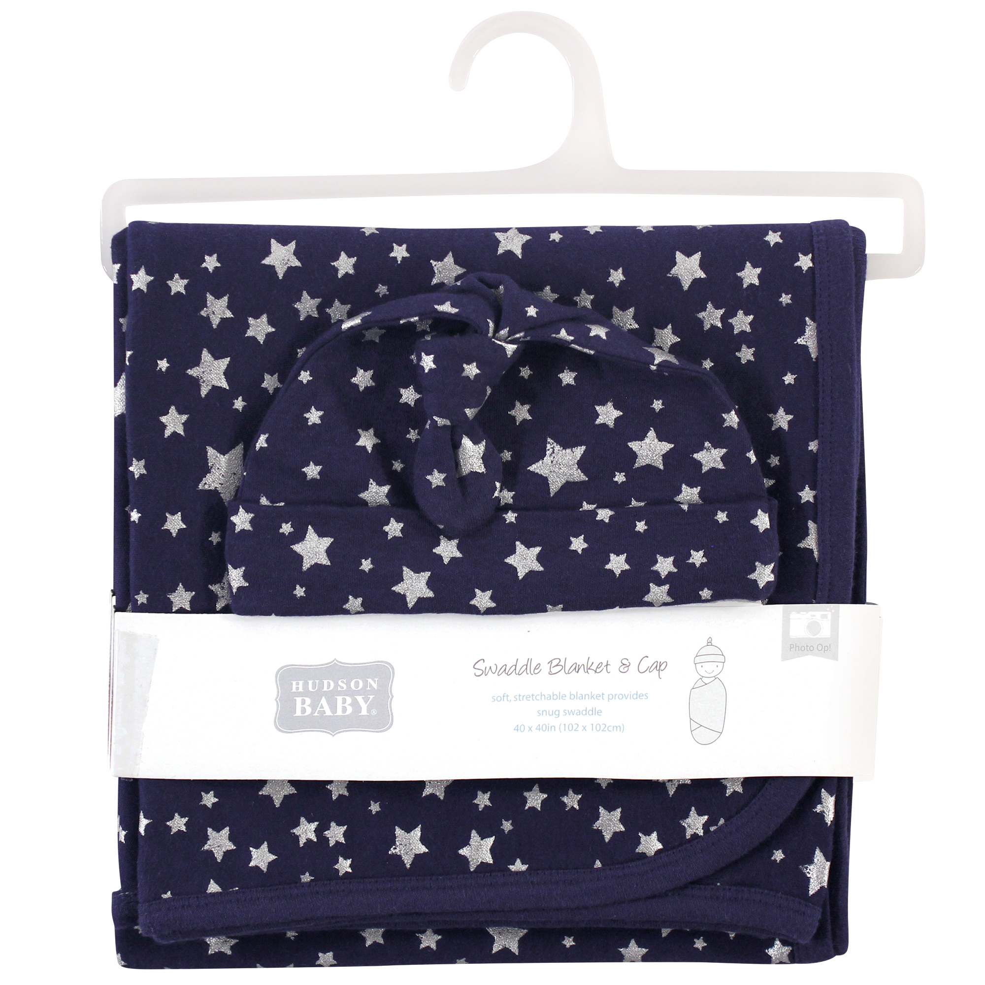 Hudson Baby Swaddle Blanket and Cap, Silver Navy Stars, One Size