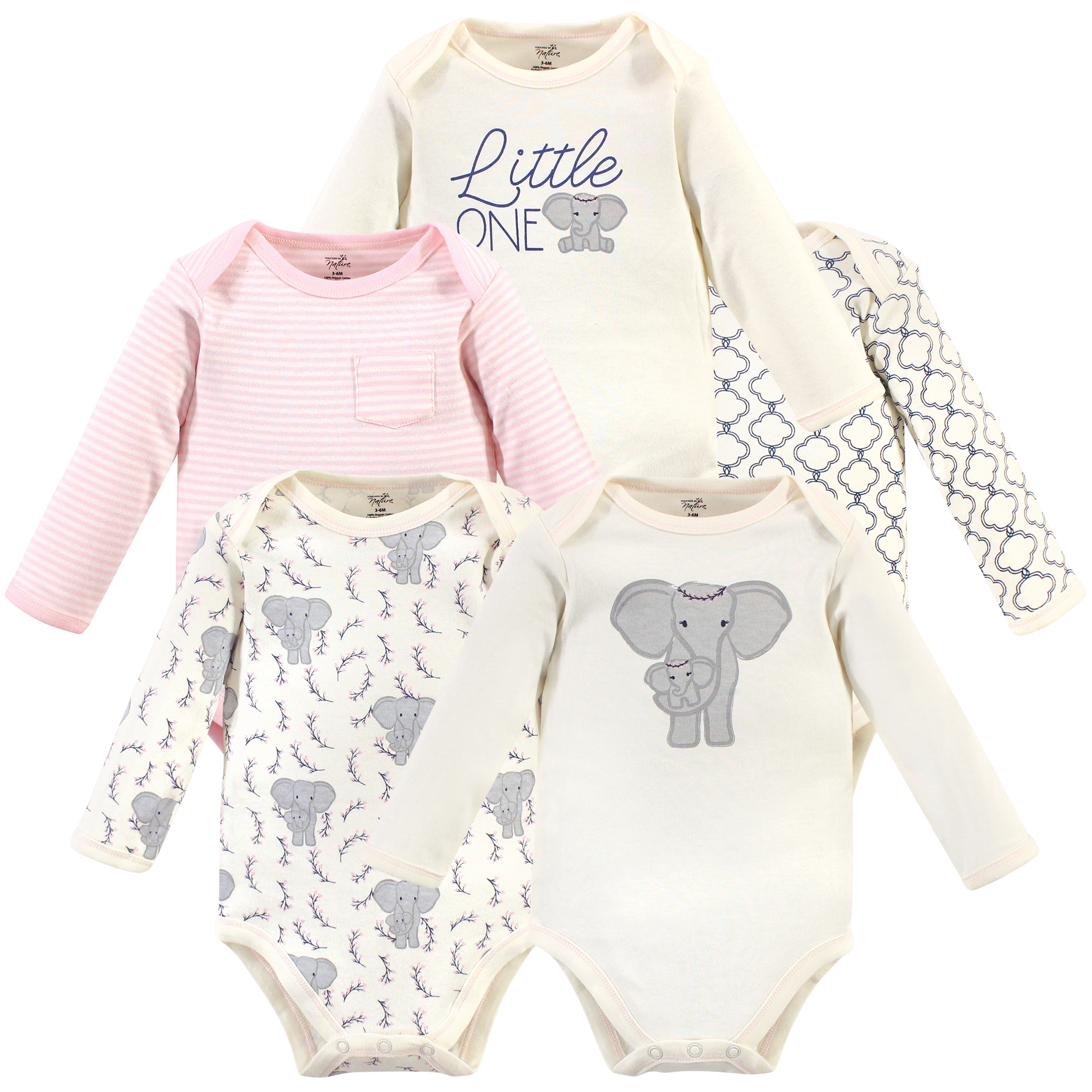 Touched by Nature Organic Cotton Long Sleeve Bodysuits 5-Pack, Pink  Elephant - Hudson Childrenswear