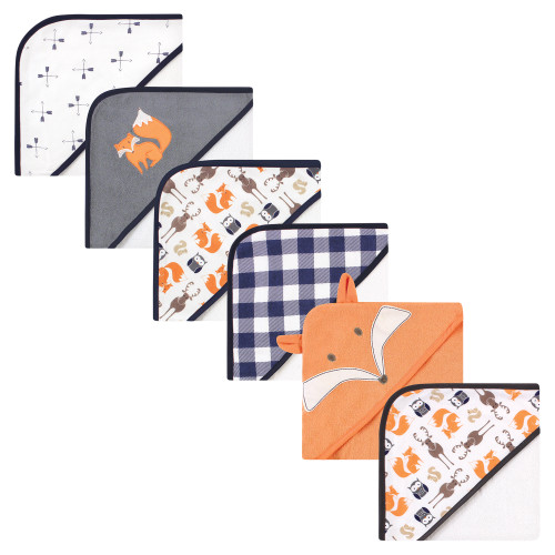 Hudson Baby Set 6 Pezzi Asciugamani Con Cappuccio Per Neonato, 70% Cotone 30% Poliestere, Morbidi E Assorbenti, Tema Fox Arancione, Taglia Unica