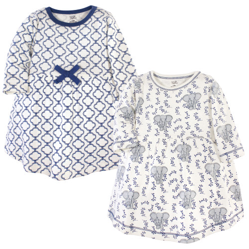 Touched by Nature Baby and Toddler Girl Organic Cotton Long-Sleeve Dresses 2pk, Blue Elephant, 12-18 Months