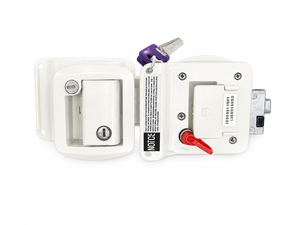 Ice Castle white RV style replacement entry door latch with keys for compatible fish house, RV, camper, and trailer entry door applications.