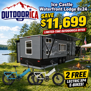 2026 Ice Castle - Waterfront Lodge 8x24 RV Camper & Fish House - Includes 2 FREE E-bikes - Save $11,699